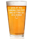 CARVELITA Look At You Landing Our Mom And Getting Us As A Bonus 16oz Beer Glass, Father's Day Beer Pint For Dad, Bonus Dad, Birthday Gifts For Stepdad, Sarcastic Gifts