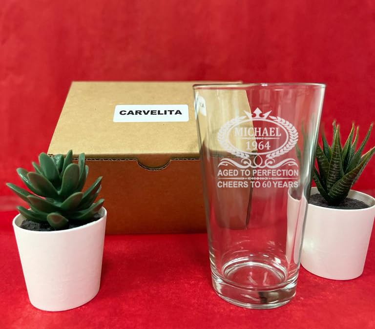 CARVELITA Personalized Beer Pint Glass - Custom Engraved 16 oz Birthday Glass for Him, Her, Dad, or Friends - Unique Beer Lover Gift - Dishwasher Safe, Made in USA