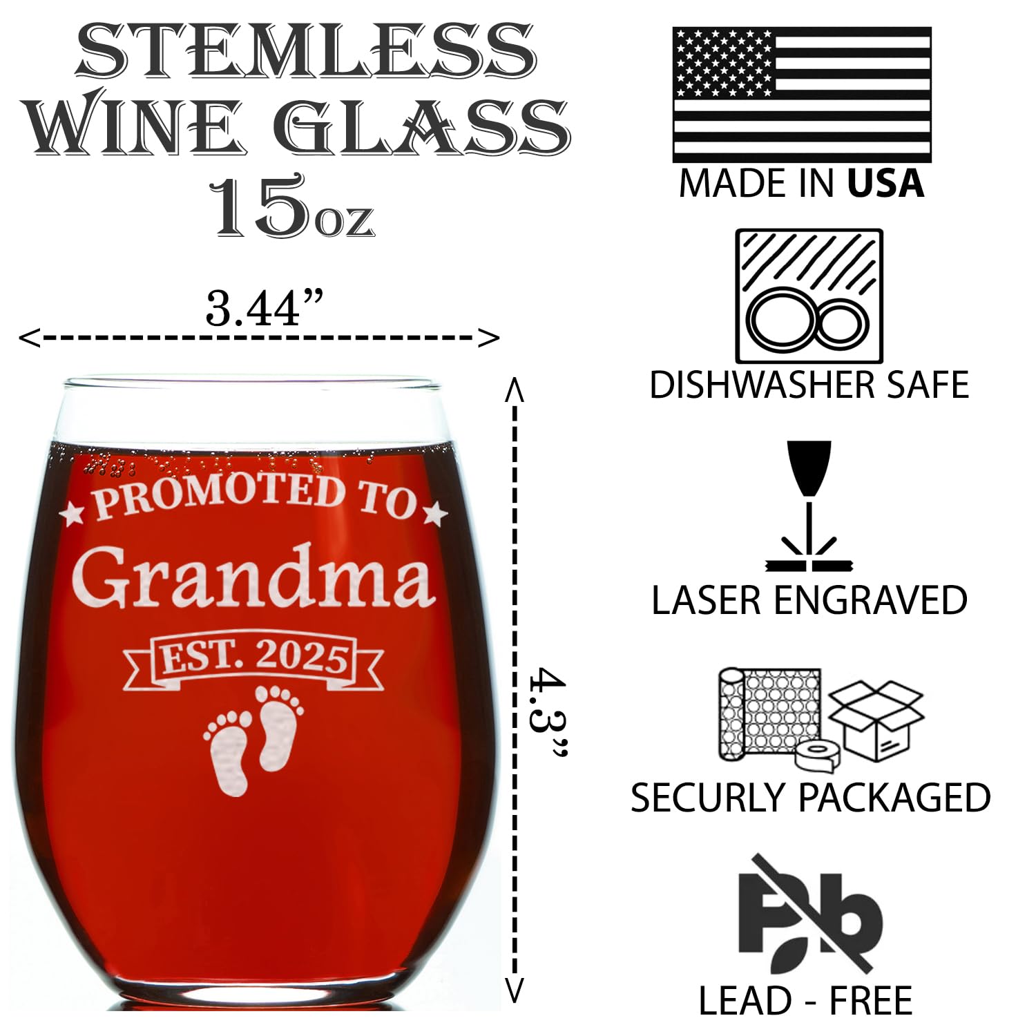 CARVELITA Promoted to Grandma Glass, Est 2025, 15oz Stemless Wine Glass for New Grandmas, Pregnancy Announcement Gift for Her, First Time Grandma Gift, Mother’s Day Pregnancy Reveal