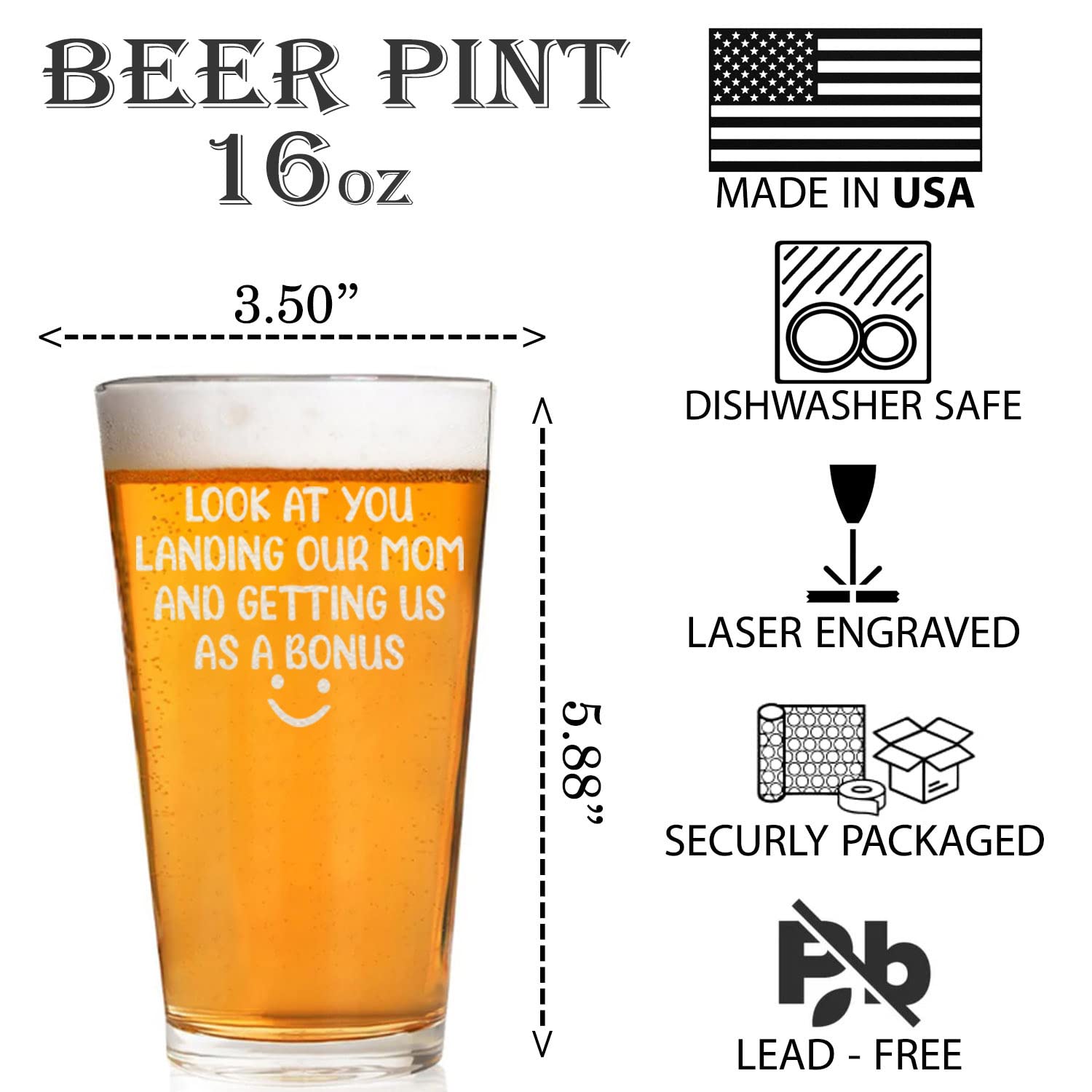 CARVELITA Look At You Landing Our Mom And Getting Us As A Bonus 16oz Beer Glass, Father's Day Beer Pint For Dad, Bonus Dad, Birthday Gifts For Stepdad, Sarcastic Gifts