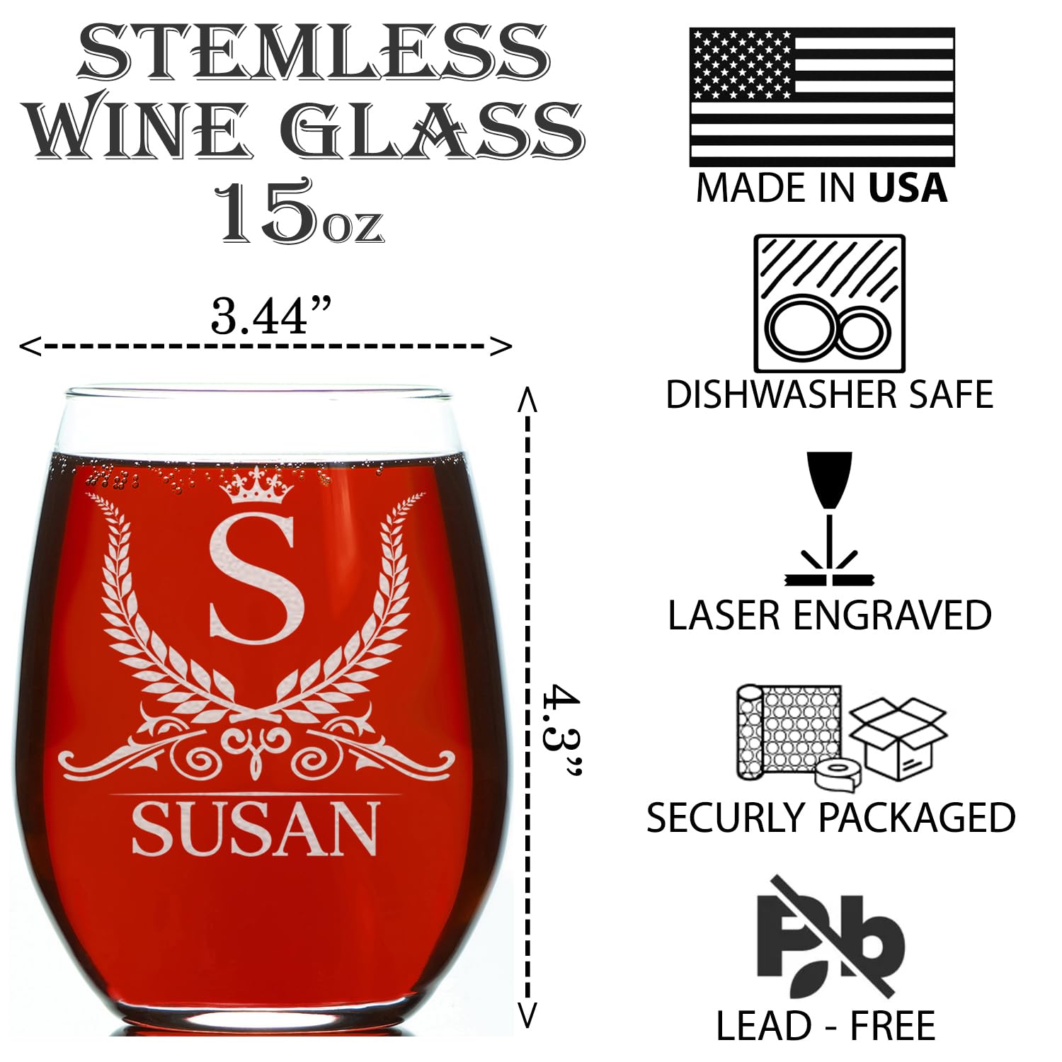 Personalized Monogram Stemless 15oz Wine Glass, Custom Engraved, Perfect Gift for Her Birthday, Christmas, Bridal Party, Bride, Bridesmaid