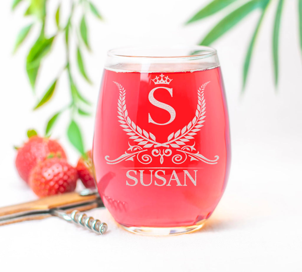 Personalized Monogram Stemless 15oz Wine Glass, Custom Engraved, Perfect Gift for Her Birthday, Christmas, Bridal Party, Bride, Bridesmaid