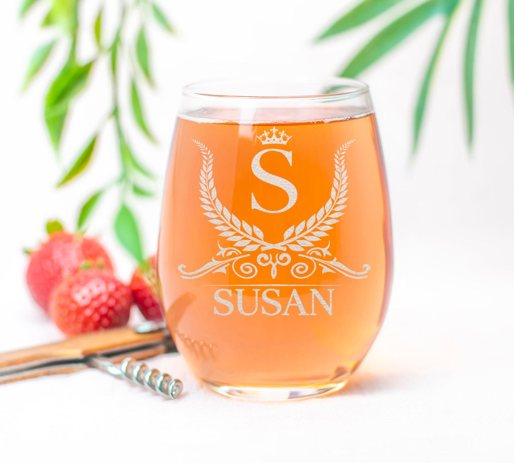 Personalized Monogram Stemless 15oz Wine Glass, Custom Engraved, Perfect Gift for Her Birthday, Christmas, Bridal Party, Bride, Bridesmaid