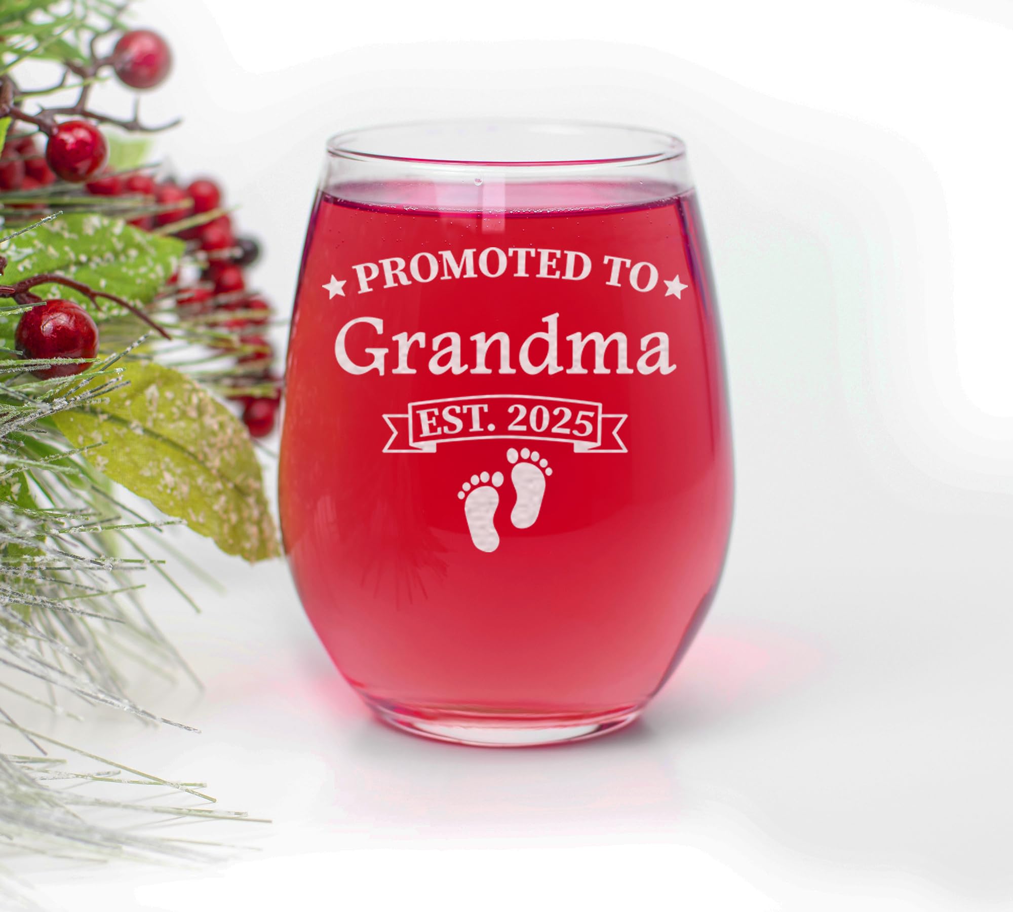 CARVELITA Promoted to Grandma Glass, Est 2025, 15oz Stemless Wine Glass for New Grandmas, Pregnancy Announcement Gift for Her, First Time Grandma Gift, Mother’s Day Pregnancy Reveal