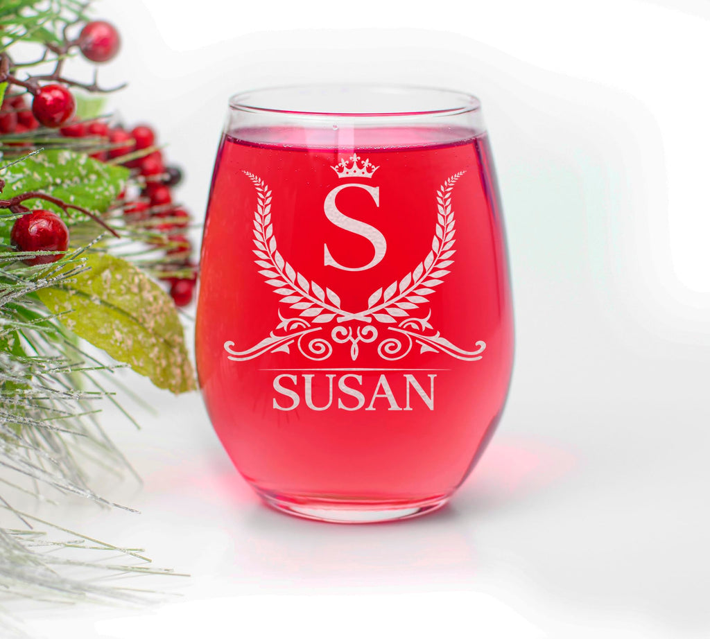 Personalized Monogram Stemless 15oz Wine Glass, Custom Engraved, Perfect Gift for Her Birthday, Christmas, Bridal Party, Bride, Bridesmaid