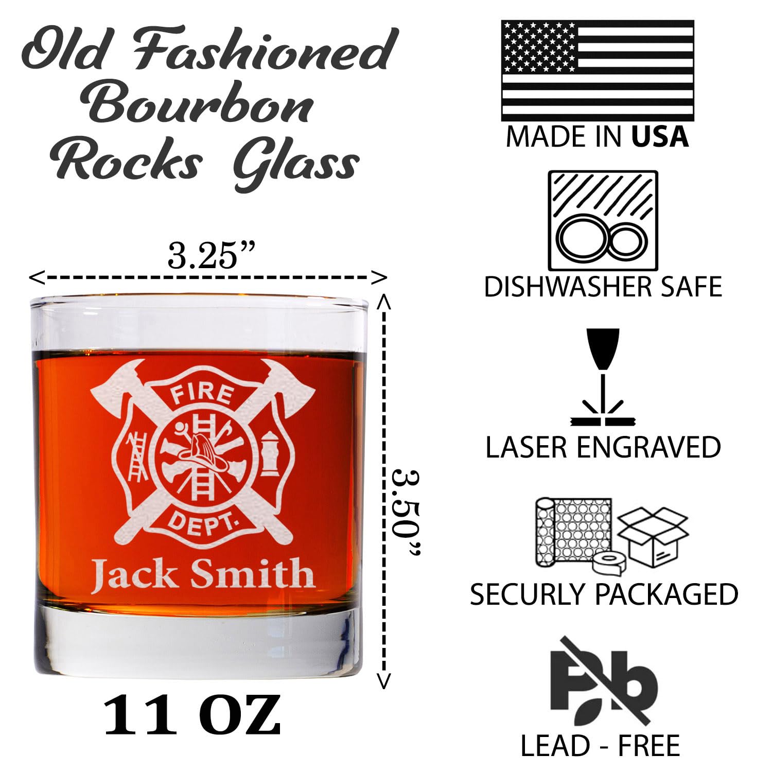 CARVELITA Personalized 11oz Whiskey Glass, Engraved Old Fashion Custom Rack Glass, Firefighter Gift Idea, Personalized For Him, For Christmas, Fathers Day, Birthday, Firefighter Custom