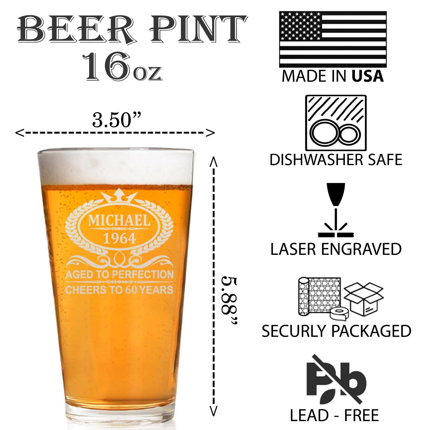 CARVELITA Personalized Beer Pint Glass - Custom Engraved 16 oz Birthday Glass for Him, Her, Dad, or Friends - Unique Beer Lover Gift - Dishwasher Safe, Made in USA