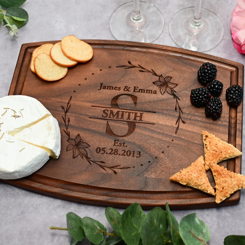 Custom Engraved Cutting Board with Couples’ Names, Family Name and Date – Personalized Walnut, Cherry or Bamboo Charcuterie Board for Weddings, Anniversaries, Housewarming and Christmas