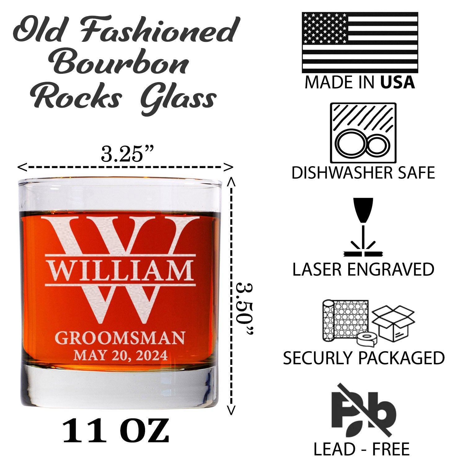 Groomsman 11oz Whiskey Glass, Engraved Old Fashioned Glass, Best-Man Wedding Gift