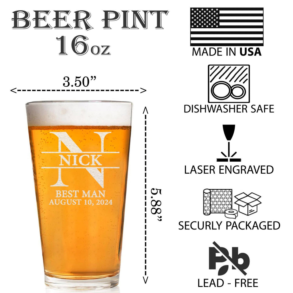 Engraved Groomsman Beer Glass, Personalized Best Man Gift, 16oz Pint Glass