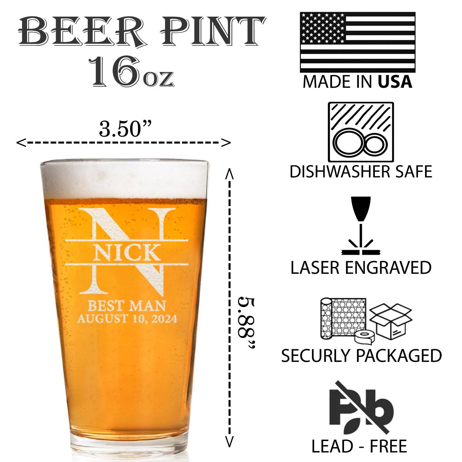 Engraved Groomsman Beer Glass, Personalized Best Man Gift, 16oz Pint Glass