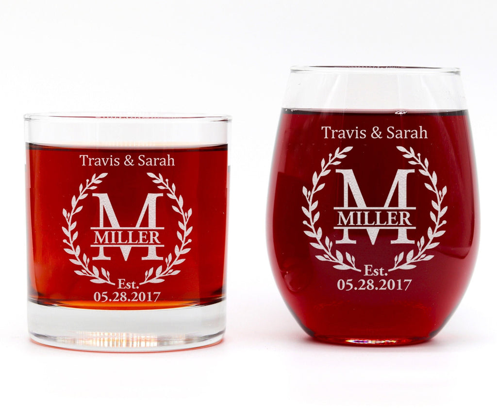 Custom Engraved Whiskey and Wine Glass Gift Set - Couple, Engagement Gifts - Custom Christmas Gifts Engaged Couples Names and Date Glass Set