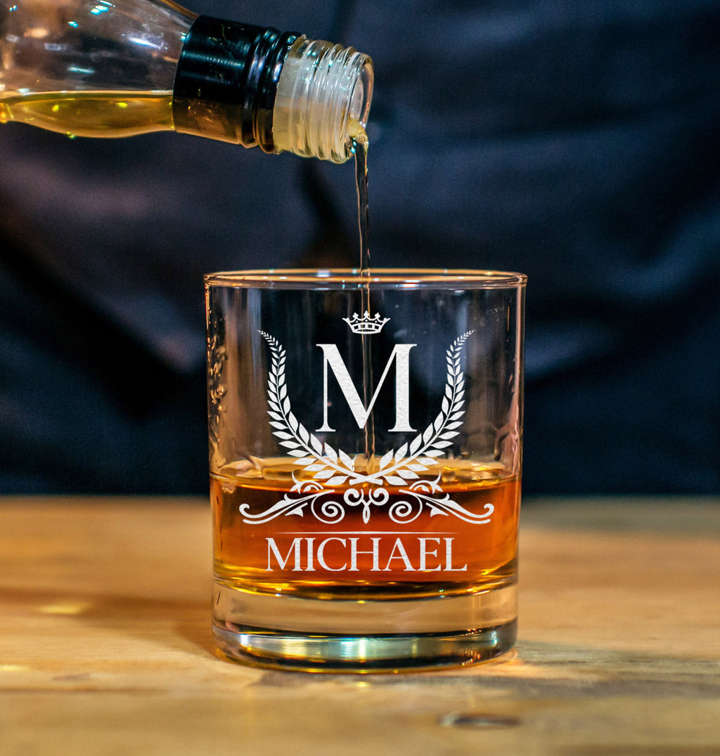 Custom Etched Whiskey Glass, Personalized Monogram Rocks Glass