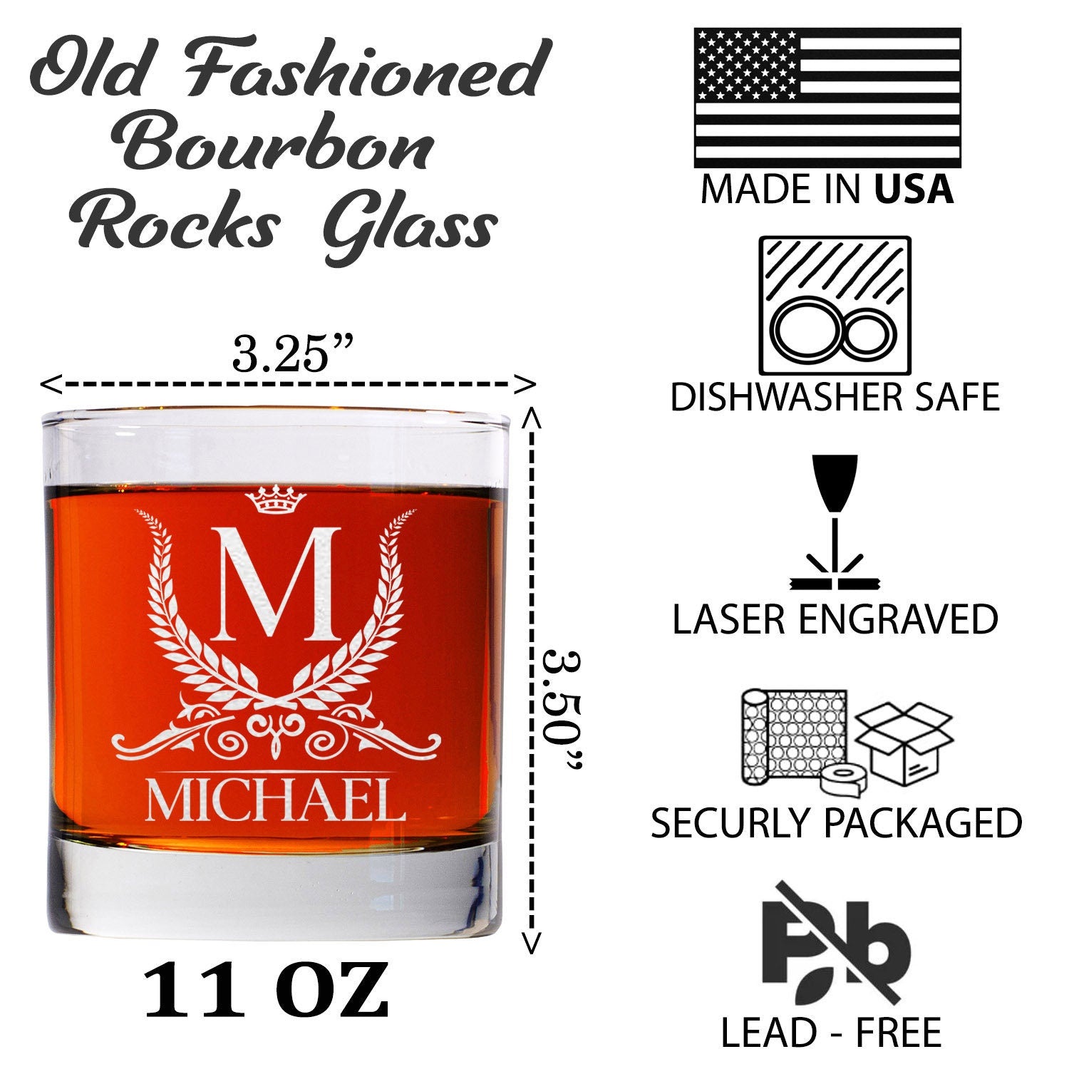 Custom Etched Whiskey Glass, Personalized Monogram Rocks Glass