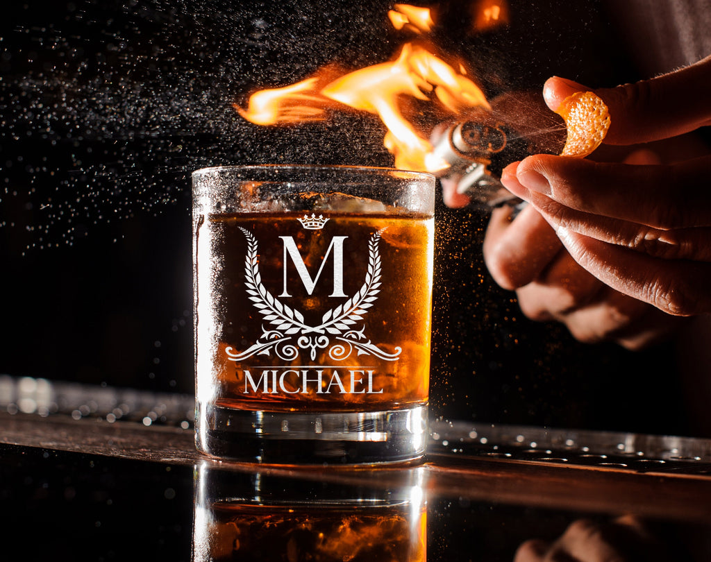Custom Etched Whiskey Glass, Personalized Monogram Rocks Glass