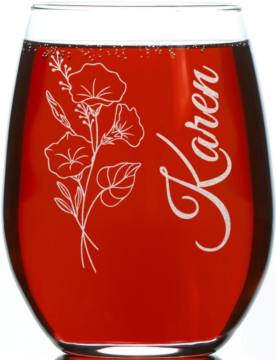 Personalized Birthday Flower Stemless Wine Glass, Custom Name Floral Design, Birth Month Flower, Gift For Her, 15oz Custom Glassware,