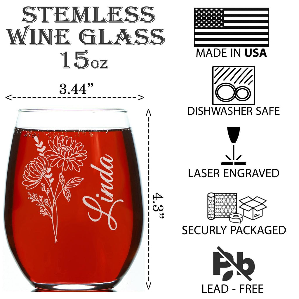 Personalized Birthday Flower Stemless Wine Glass, Custom Name Floral Design, Birth Month Flower, Gift For Her, 15oz Custom Glassware,