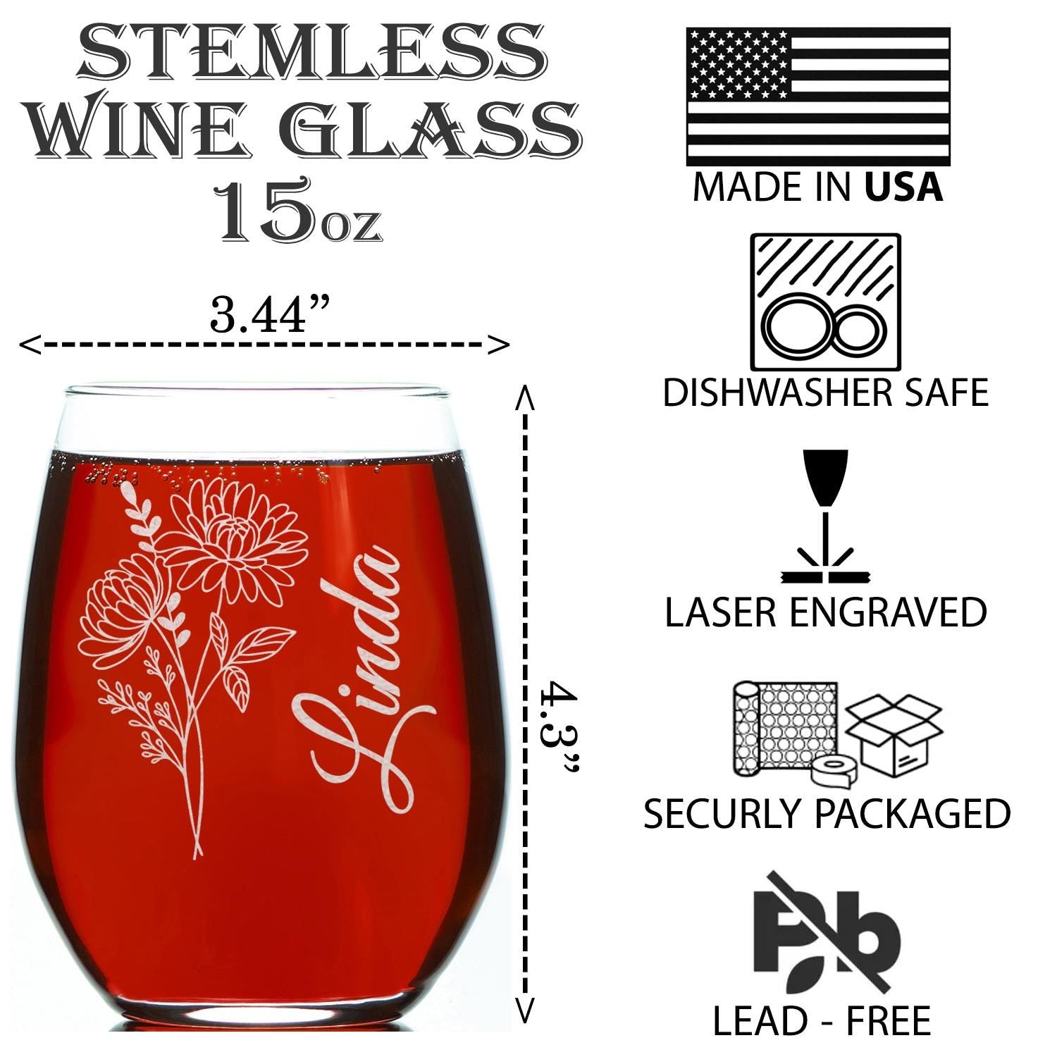 Personalized Birthday Flower Stemless Wine Glass, Custom Name Floral Design, Birth Month Flower, Gift For Her, 15oz Custom Glassware,