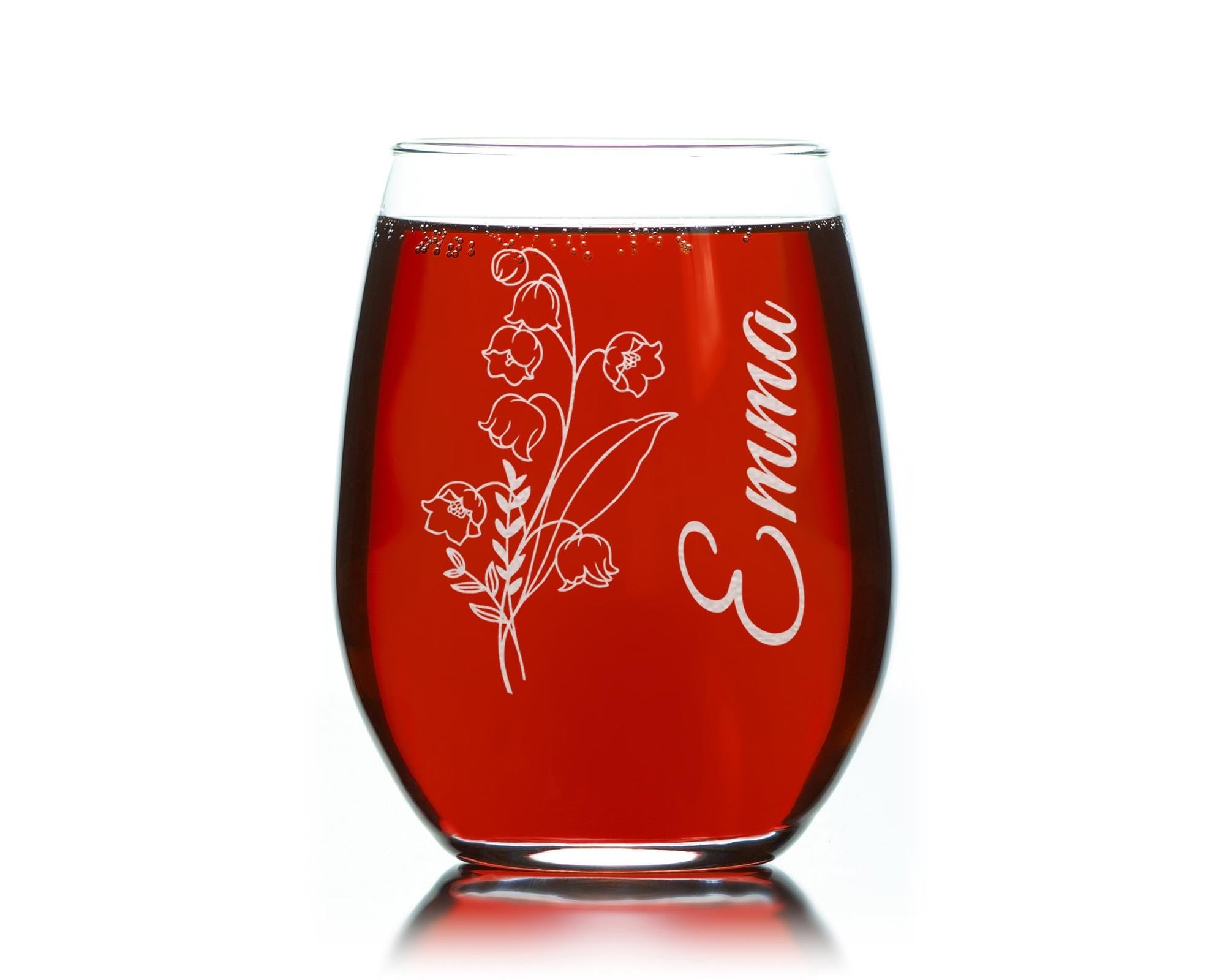 Personalized Birthday Flower Stemless Wine Glass, Custom Name Floral Design, Birth Month Flower, Gift For Her, 15oz Custom Glassware,