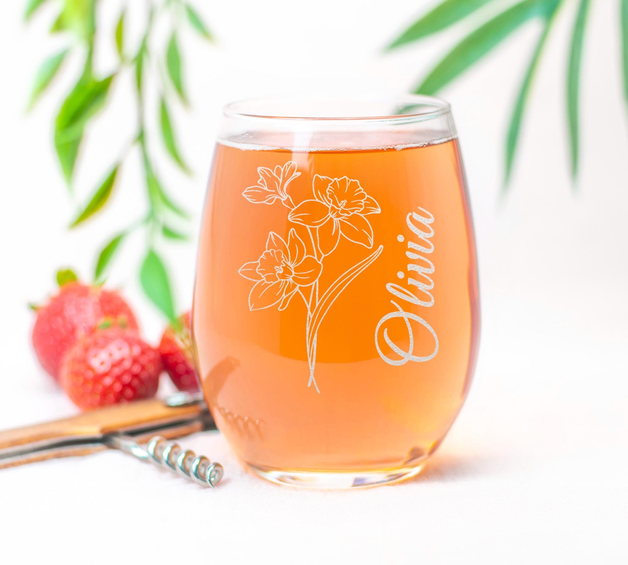 Personalized Birthday Flower Stemless Wine Glass, Custom Name Floral Design, Birth Month Flower, Gift For Her, 15oz Custom Glassware,