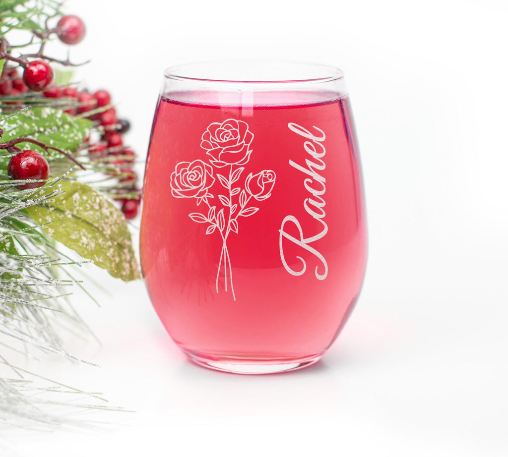Personalized Birthday Flower Stemless Wine Glass, Custom Name Floral Design, Birth Month Flower, Gift For Her, 15oz Custom Glassware,