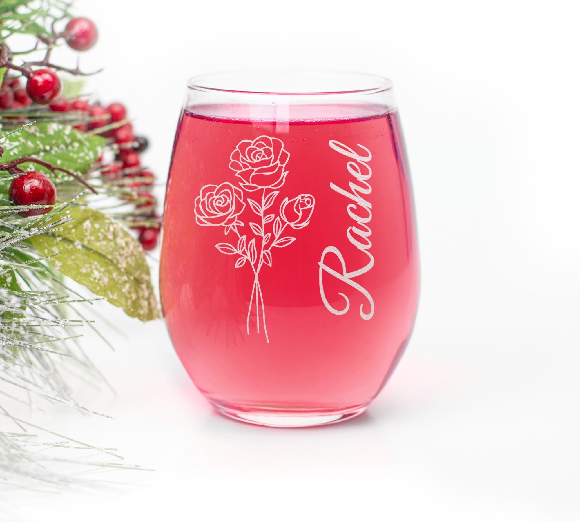 Personalized Birthday Flower Stemless Wine Glass, Custom Name Floral Design, Birth Month Flower, Gift For Her, 15oz Custom Glassware,