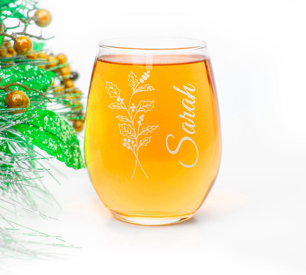 Personalized Birthday Flower Stemless Wine Glass, Custom Name Floral Design, Birth Month Flower, Gift For Her, 15oz Custom Glassware,