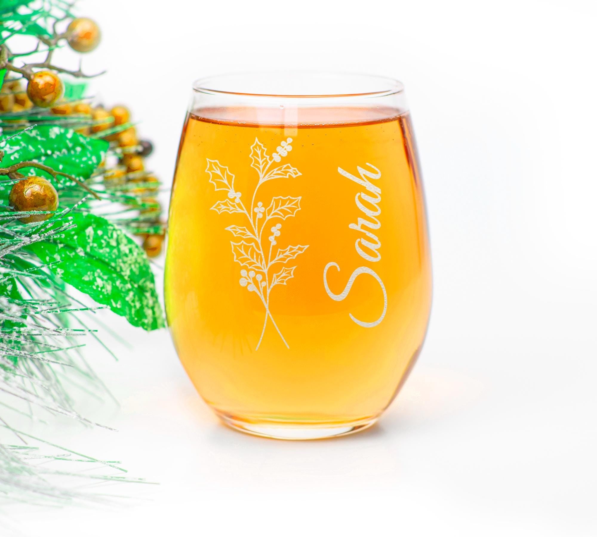 Personalized Birthday Flower Stemless Wine Glass, Custom Name Floral Design, Birth Month Flower, Gift For Her, 15oz Custom Glassware,