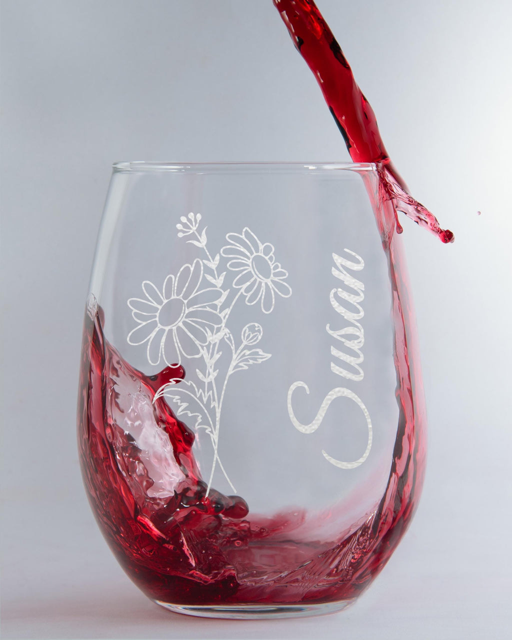 Personalized Birthday Flower Stemless Wine Glass, Custom Name Floral Design, Birth Month Flower, Gift For Her, 15oz Custom Glassware,