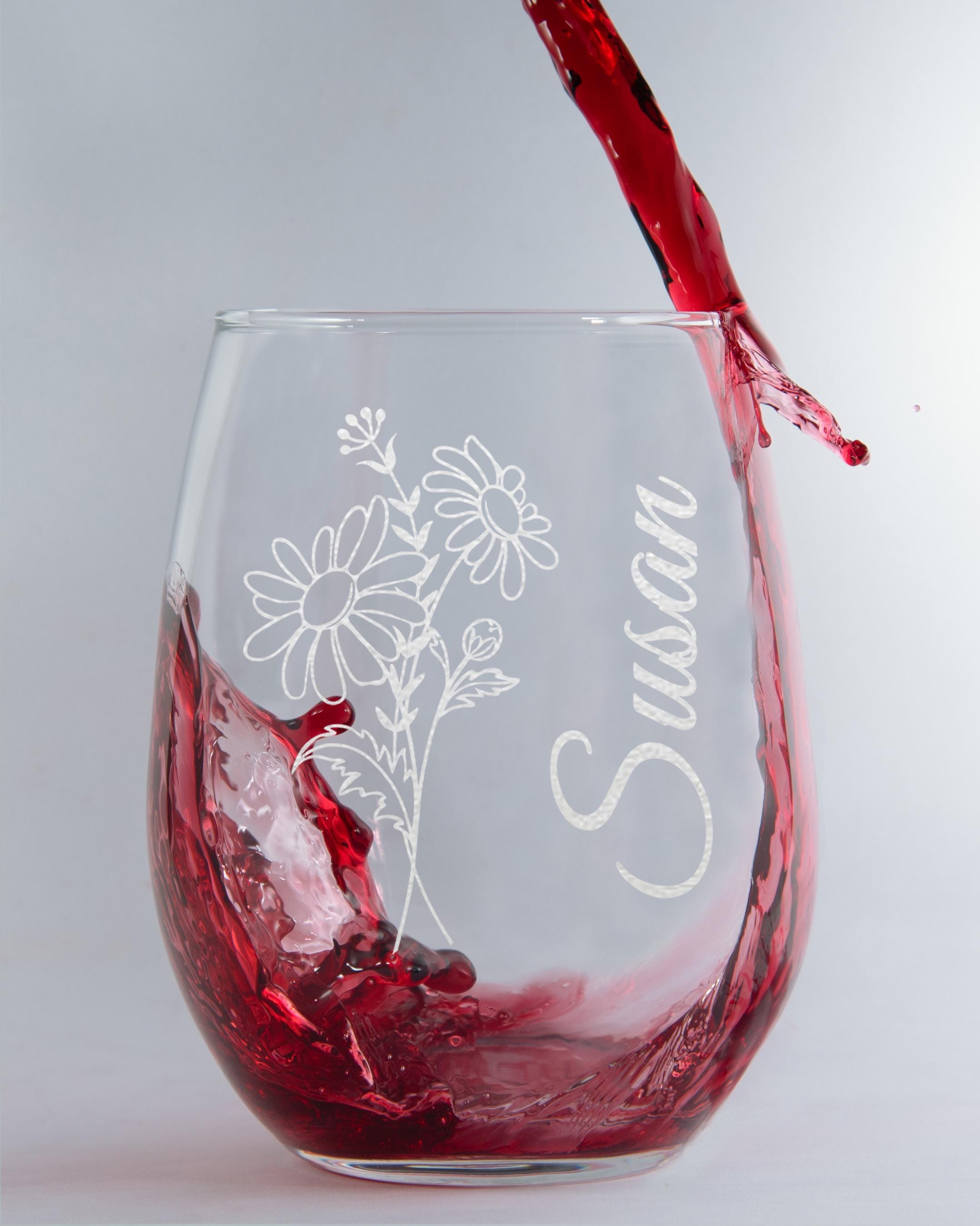 Personalized Birthday Flower Stemless Wine Glass, Custom Name Floral Design, Birth Month Flower, Gift For Her, 15oz Custom Glassware,