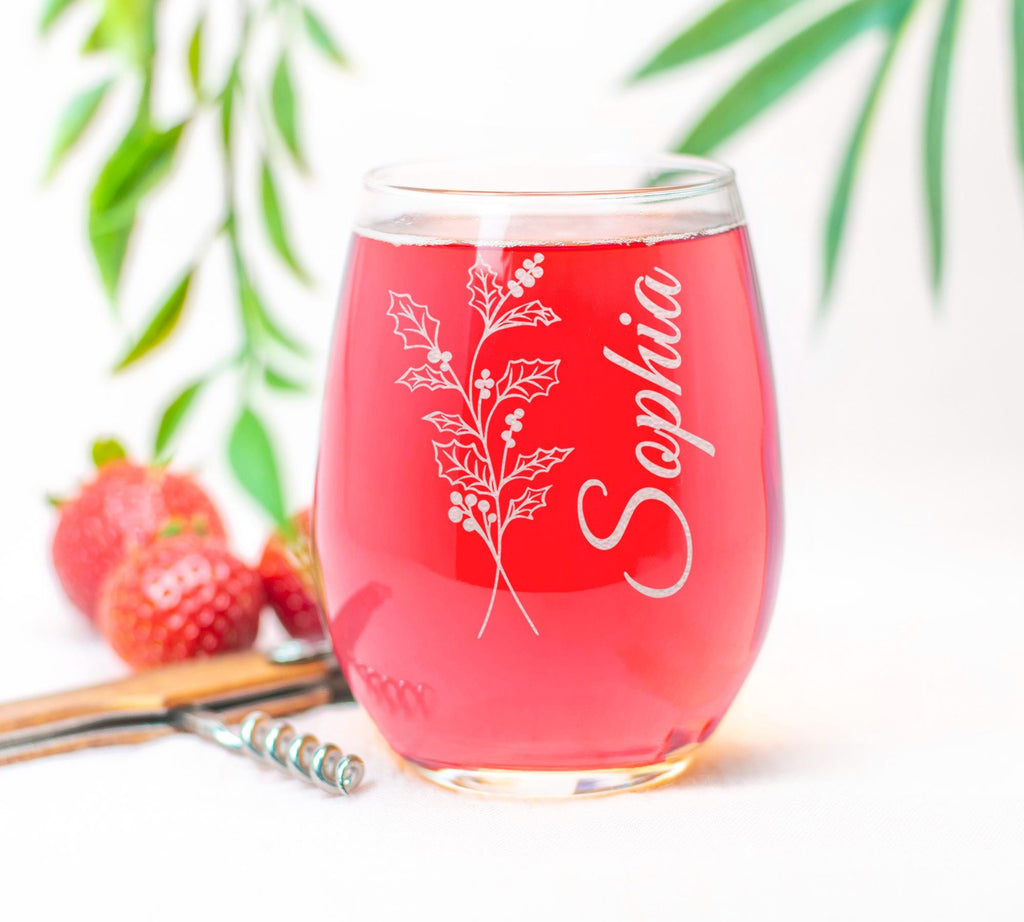 Personalized Birthday Flower Stemless Wine Glass, Custom Name Floral Design, Birth Month Flower, Gift For Her, 15oz Custom Glassware,