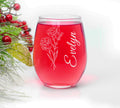 Personalized Birthday Flower Stemless Wine Glass, Custom Name Floral Design, Birth Month Flower, Gift For Her, 15oz Custom Glassware,