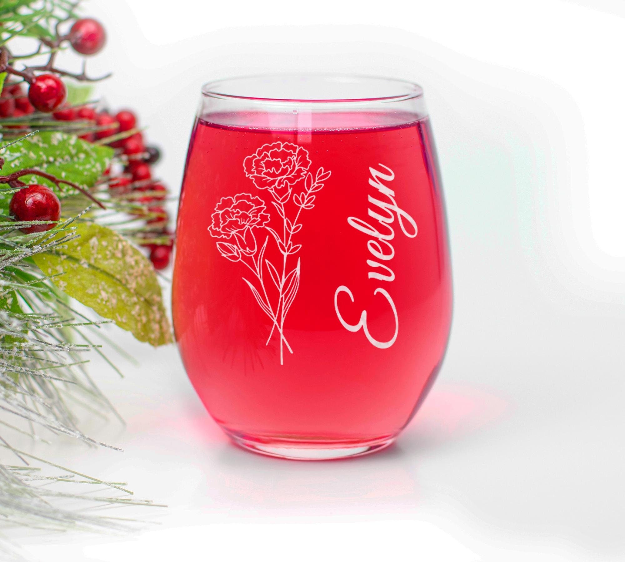Personalized Birthday Flower Stemless Wine Glass, Custom Name Floral Design, Birth Month Flower, Gift For Her, 15oz Custom Glassware,