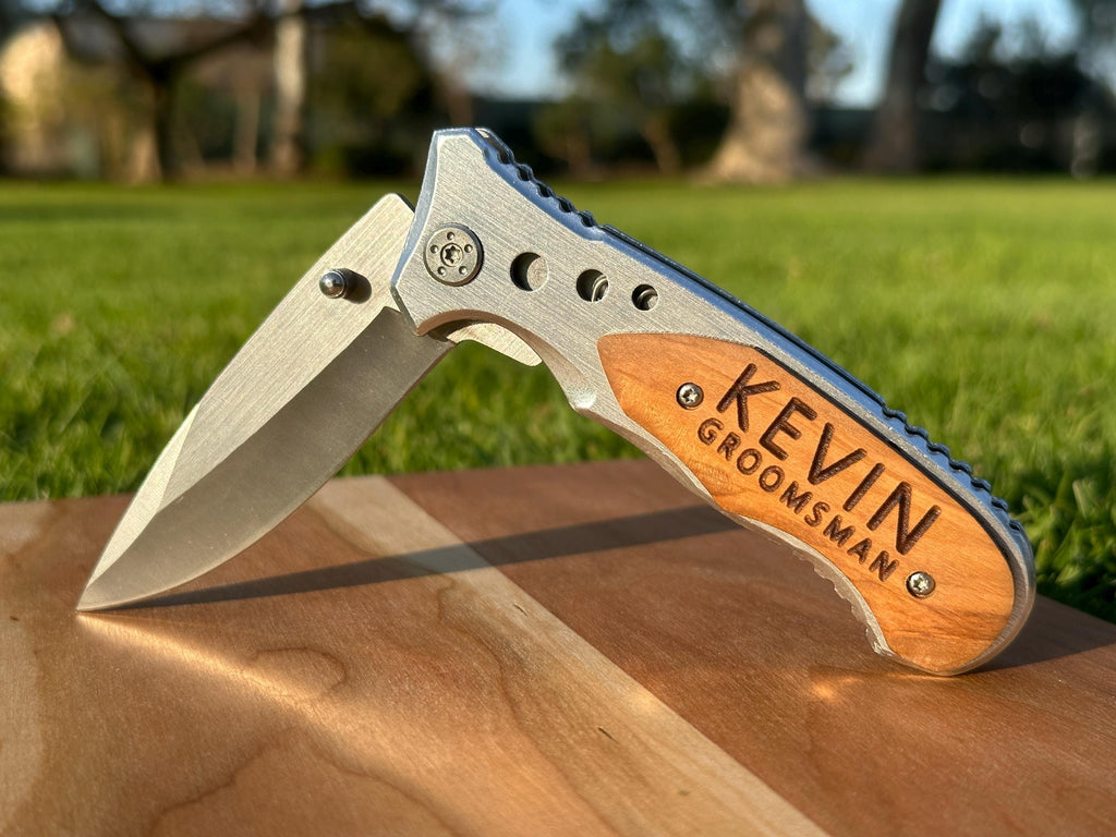 Engraved Wooden Handle Pocket Knife, Personalized Tactical Folding Knife, Father's Day, Wedding, Groomsman