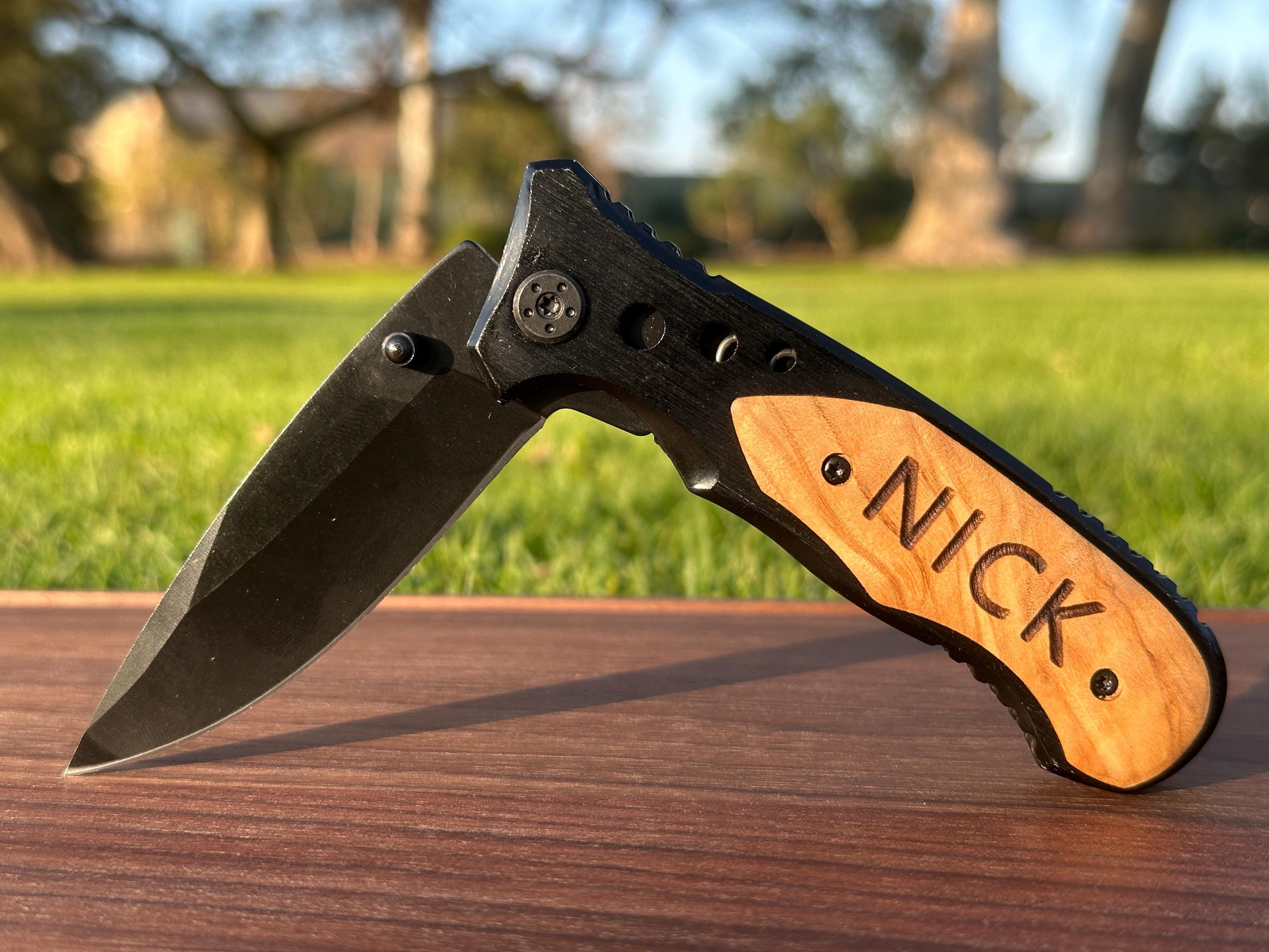 Engraved Wooden Handle Pocket Knife, Personalized Tactical Folding Knife, Father's Day, Wedding, Groomsman