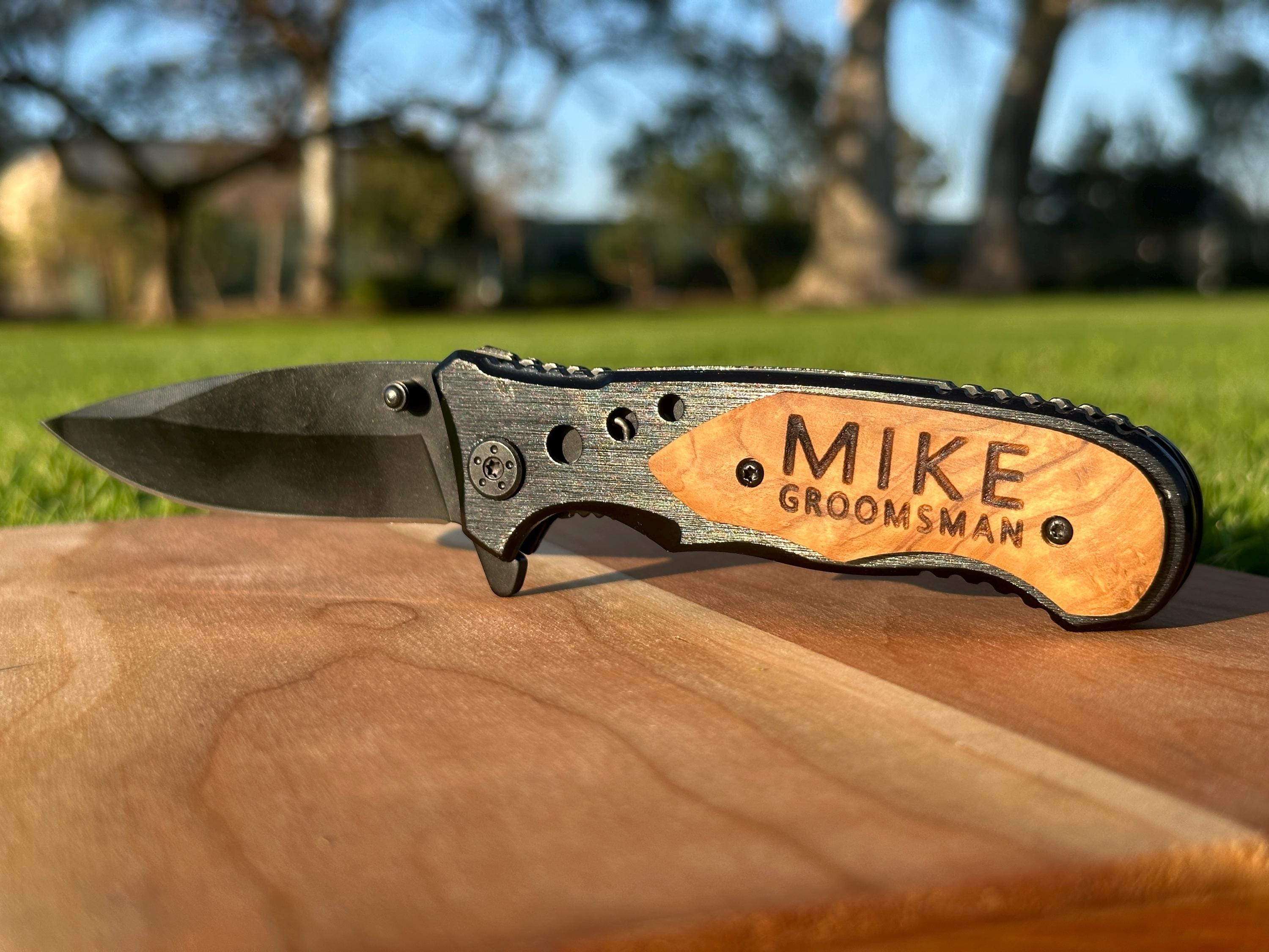 Engraved Wooden Handle Pocket Knife, Personalized Tactical Folding Knife, Father's Day, Wedding, Groomsman