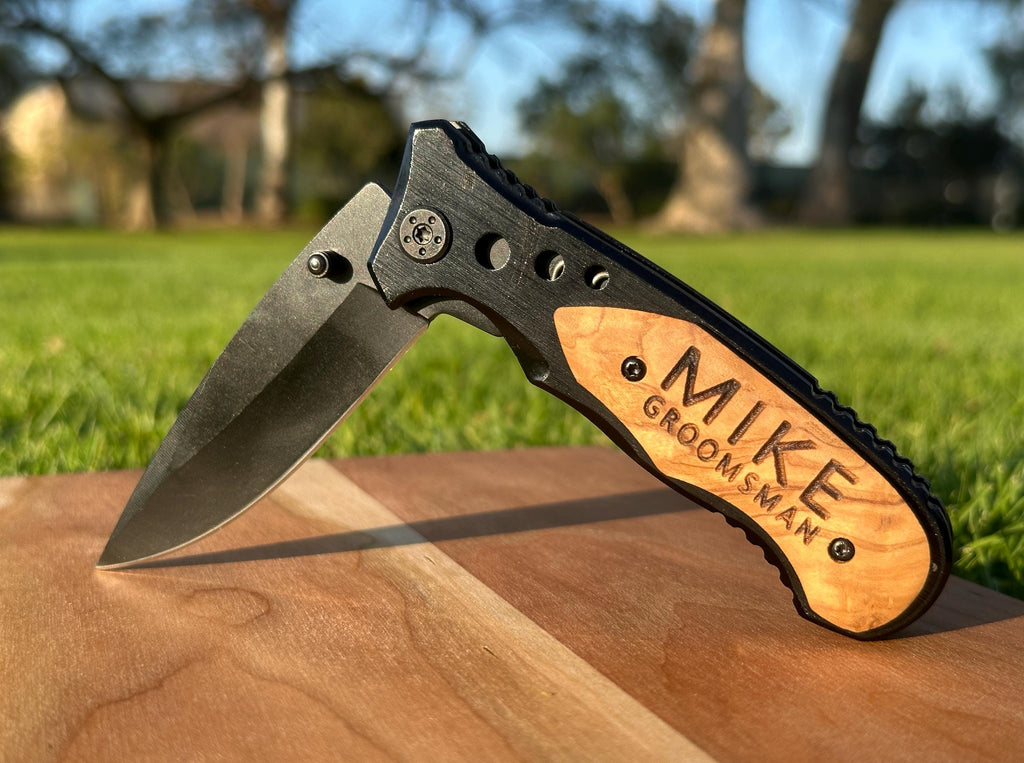 Engraved Wooden Handle Pocket Knife, Personalized Tactical Folding Knife, Father's Day, Wedding, Groomsman