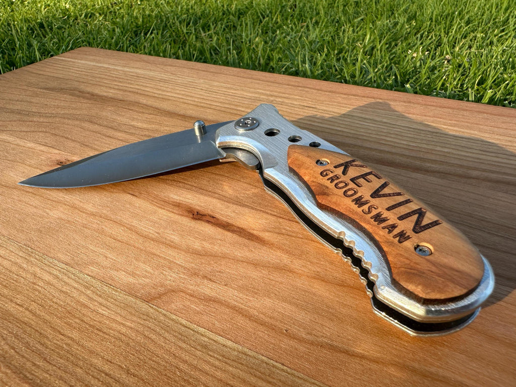 Engraved Wooden Handle Pocket Knife, Personalized Tactical Folding Knife, Father's Day, Wedding, Groomsman