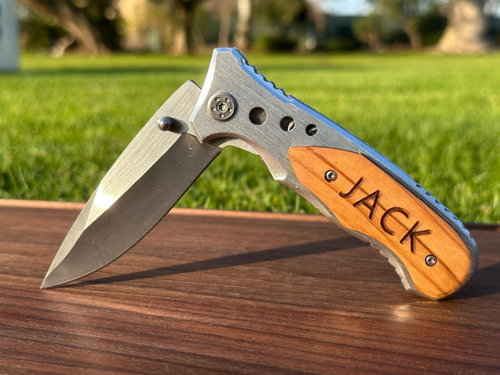 Engraved Wooden Handle Pocket Knife, Personalized Tactical Folding Knife, Father's Day, Wedding, Groomsman