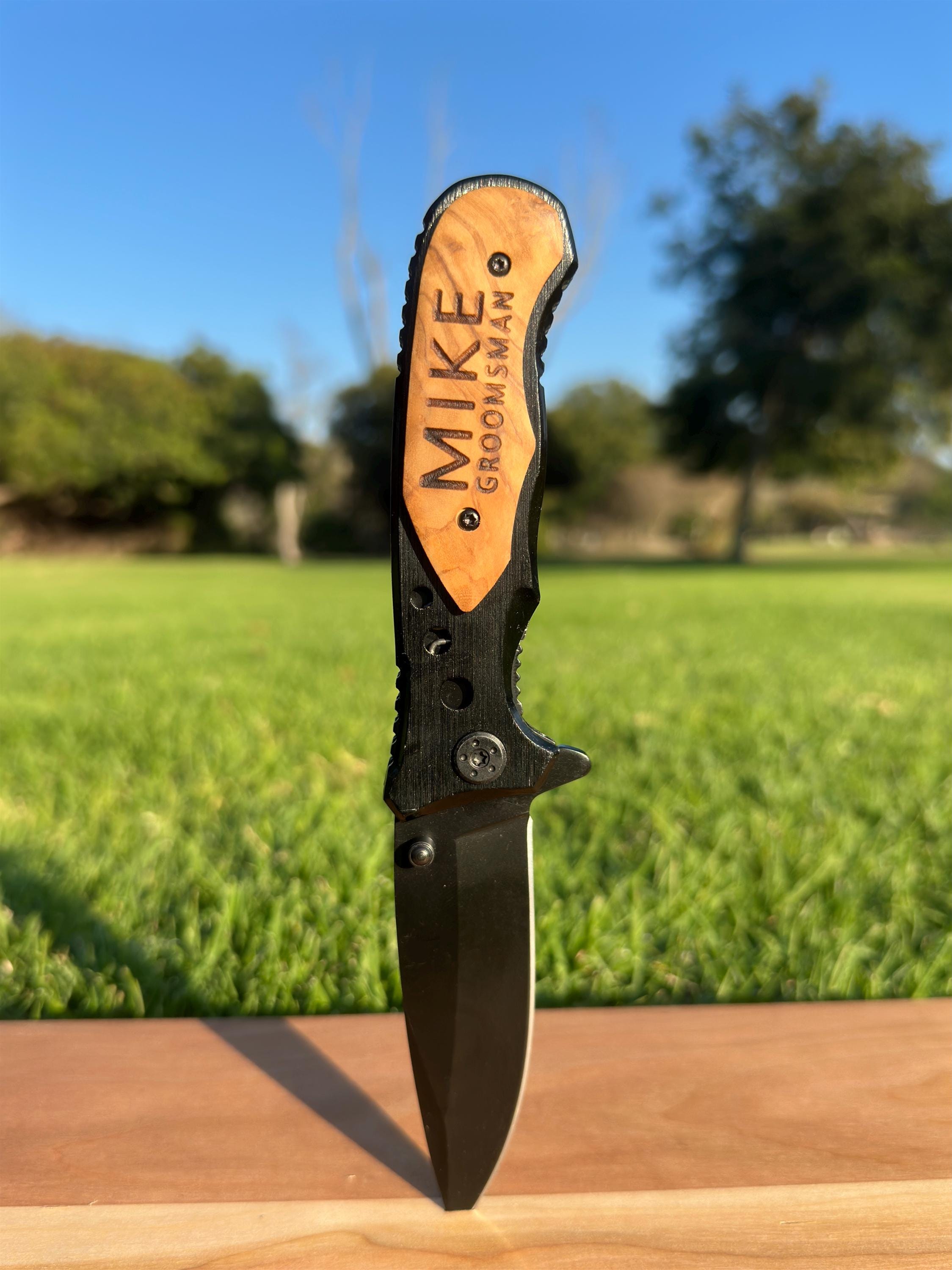 Engraved Wooden Handle Pocket Knife, Personalized Tactical Folding Knife, Father's Day, Wedding, Groomsman