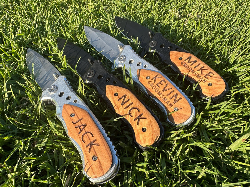 Engraved Wooden Handle Pocket Knife, Personalized Tactical Folding Knife, Father's Day, Wedding, Groomsman