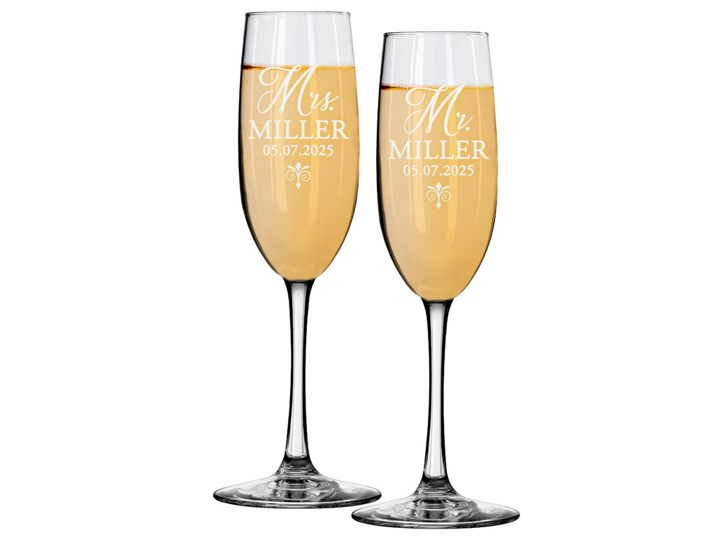 Engraved Mr & Mrs Champagne Flutes, Personalized Wedding Toasting Glasses, Set of 2