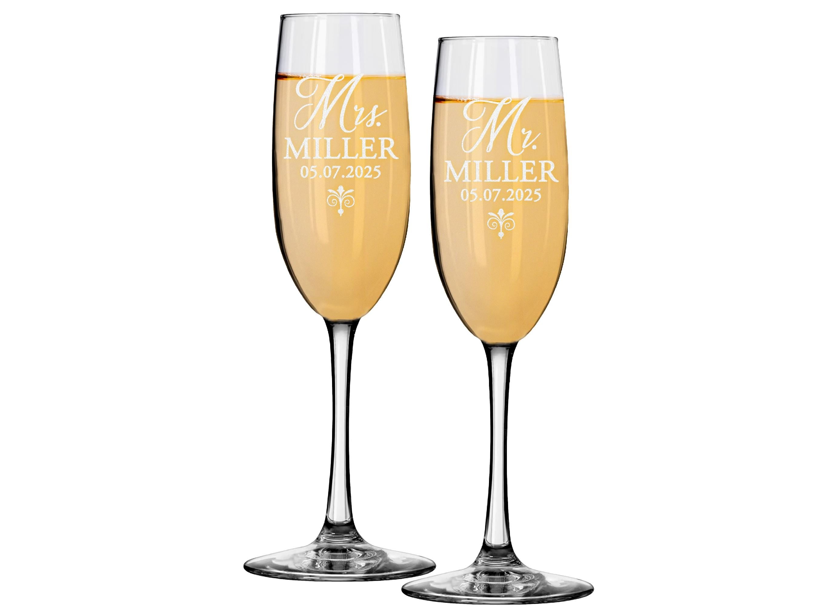 Engraved Mr & Mrs Champagne Flutes, Personalized Wedding Toasting Glasses, Set of 2