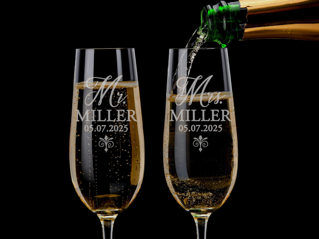 Engraved Mr & Mrs Champagne Flutes, Personalized Wedding Toasting Glasses, Set of 2