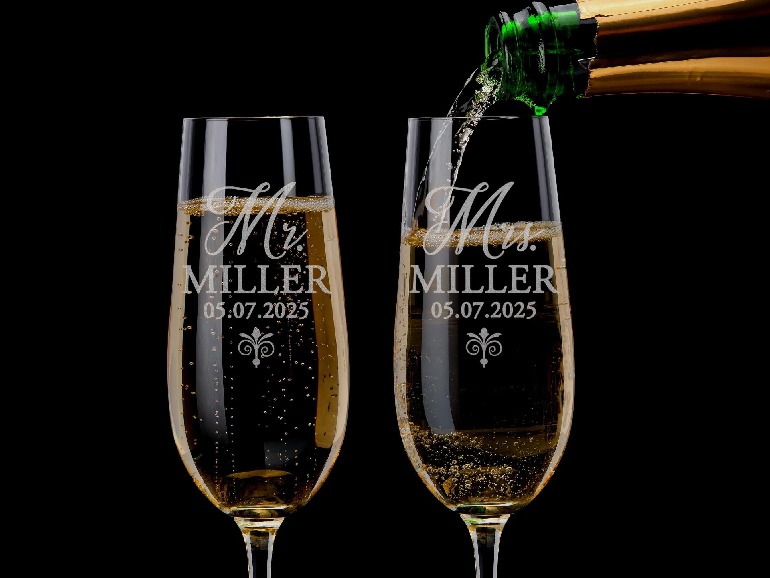 Engraved Mr & Mrs Champagne Flutes, Personalized Wedding Toasting Glasses, Set of 2