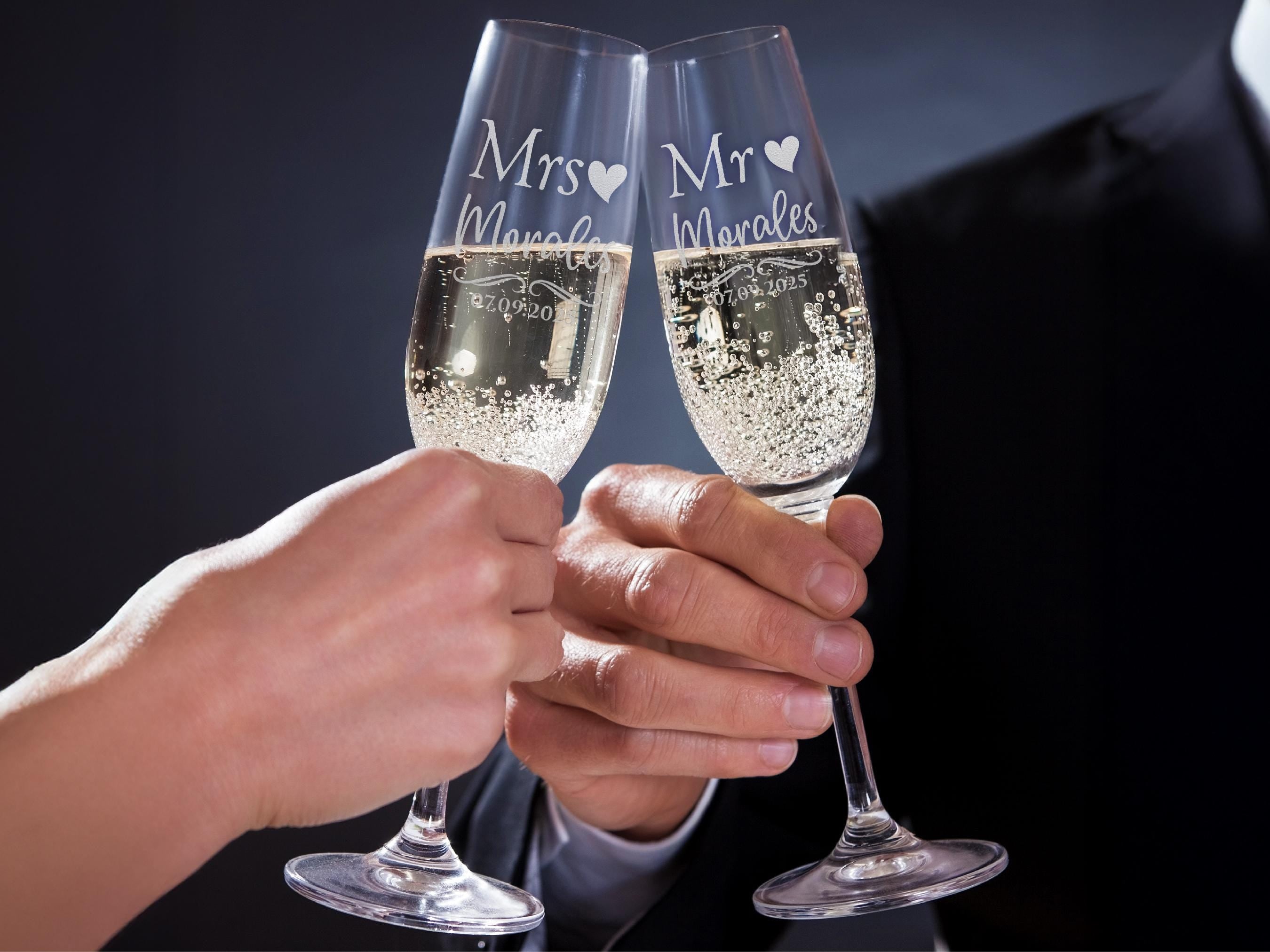 Engraved Mr & Mrs Champagne Flutes, Personalized Wedding Toasting Glasses, Set of 2