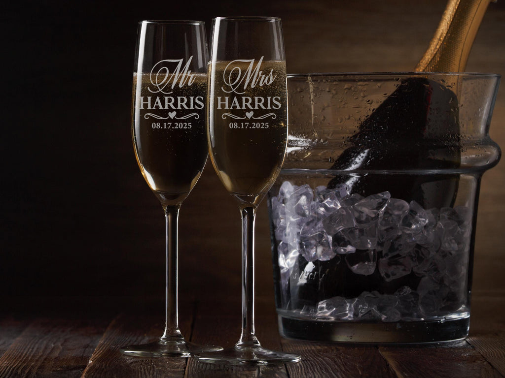 Engraved Mr & Mrs Champagne Flutes, Personalized Wedding Toasting Glasses, Set of 2