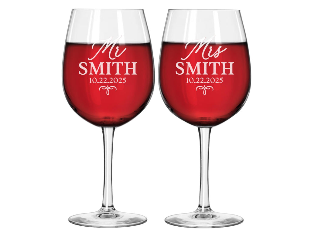 Set of 2 Personalized Engraved Wine Glasses, Monogram Anniversary Couple Wine Glasses, Custom Wedding Toasting Wine Glass, Wedding Gift