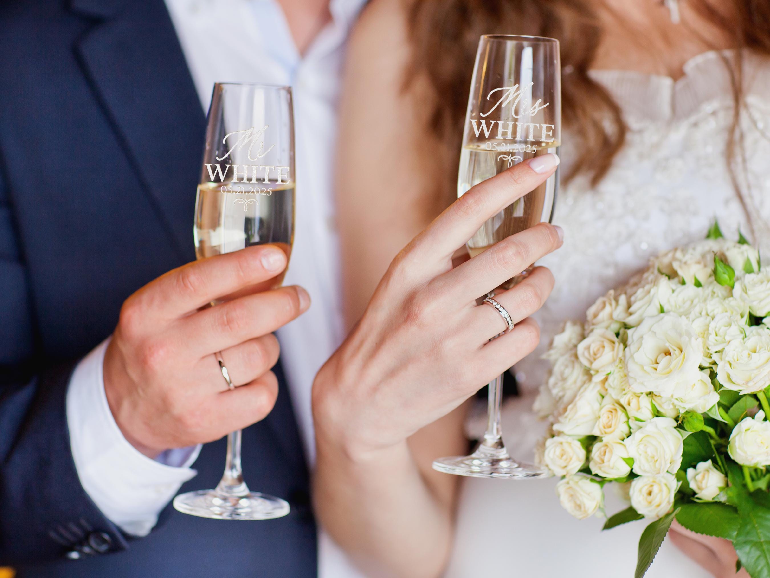 Engraved Mr & Mrs Champagne Flutes, Personalized Wedding Toasting Glasses, Set of 2