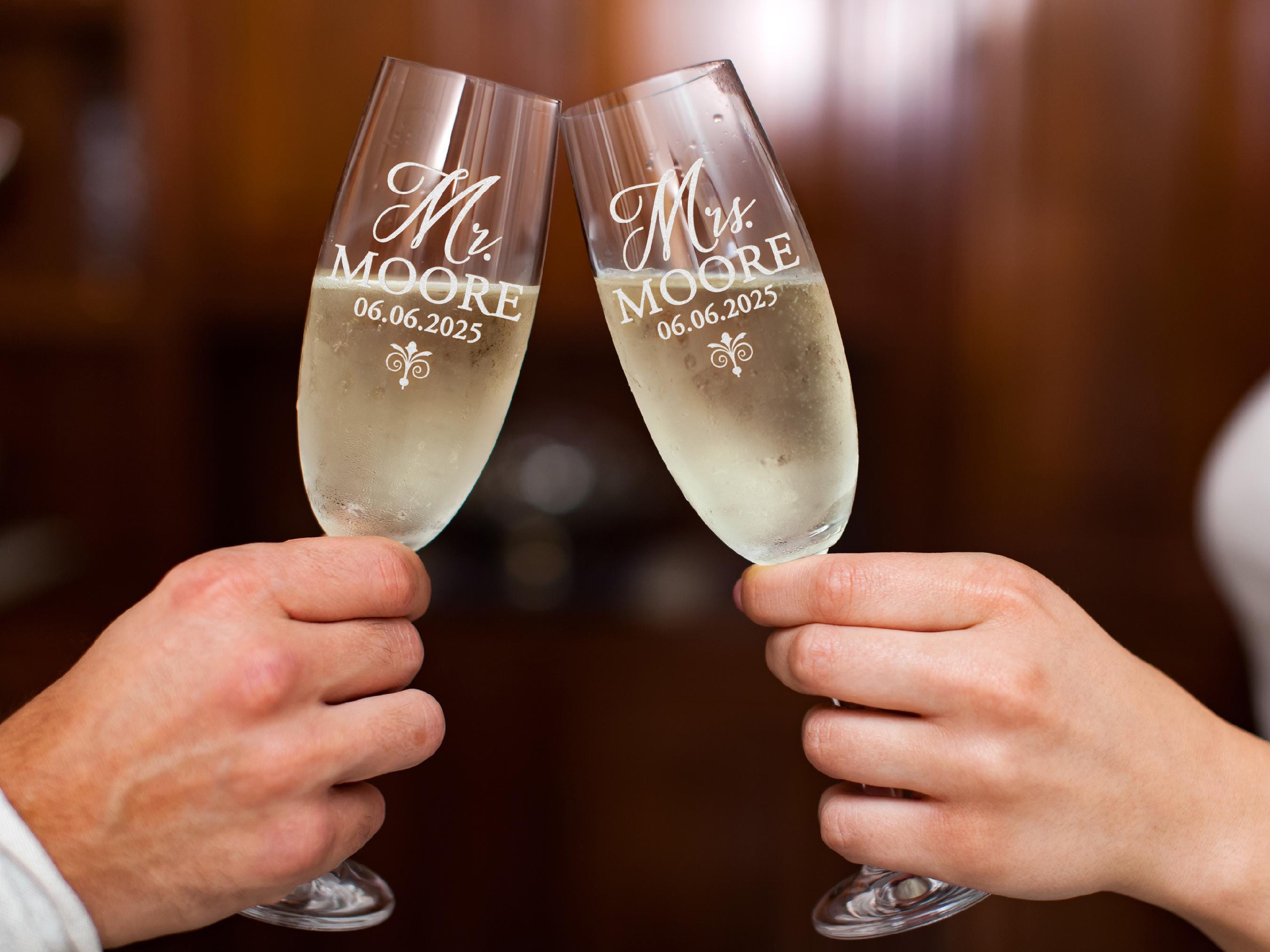 Engraved Mr & Mrs Champagne Flutes, Personalized Wedding Toasting Glasses, Set of 2